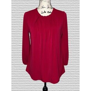 Adrianna Papell Pleated Stretch Blouse Womens SM Red 3/4 Sleeve Keyhole Back
